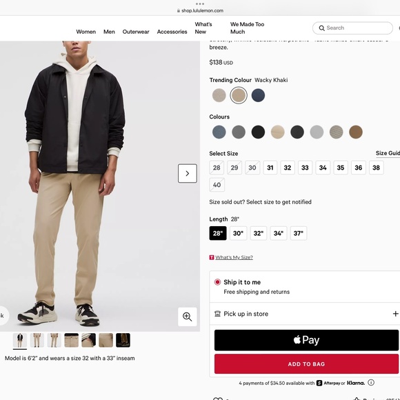 NEW LULULEMON KHAKI ABC CLASSIC-FIT 5 POCKET 34 x 28 - Picture 2 of 16